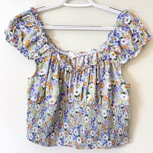 MINE Floral Smocked Crop Top Blue Puff Sleeve Cottagecore Boho Size L